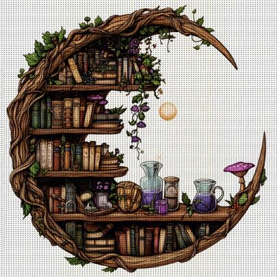 JOZYSH 1 Set 40x40cm/ 15.7x15.7 Inch DIY Cross Stitch Kit, Moon Bookshelf Pattern Printed Cross Stitch Kit, Random Thread Board Cross Stitch Material Set, Living Room Entrance Bedroom Decoration, Home Decoration Home Decor Art Gift