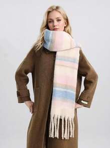 1pc Striped Patchwork Thick Wrinkle Effect Tassel Decor Warm Infinity Scarf/Wrap Shawl - Macaron Powder Blue Stripes (extended and Thickened Version) - View 4