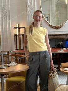 Women's Spring And Summer Vacation Round Neck Goose Yellow Sleeveless Casual Versatile Knitted Top,Work/Office 