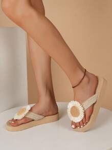 Women's Wedge Sandals Low Heel Ladies Sandals Rope Women Slippers Criss-Cross Straps Open Toe Slip On Casual Everyday Outdoor Vacation Beach Travel Beige Brown Sandals Sunflower Daisy Decor Flip Flops - Beige - View 4