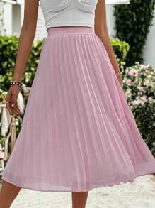 SANOPY Women's Skirts,Skirts For Women,Elegant Pleated Midi Skirt, Solid Color Elastic Wiast A-Line Skirt - 粉色 - 查看 4