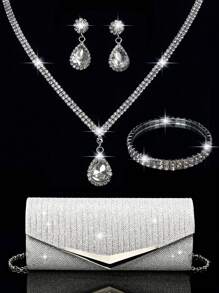 Women's Rhinestone Jewelry Rhinestone Jewelry Set Sparkling Necklace Earrings Bracelet Set V-Shaped Metal Hardware Flip Fold Glitter Envelope Bag Banquet Bag Sparkling Handbag Sparkling Wallet Handbag Elegant Handbag Banquet Bag Handbag Women's Ball Handbag Women's Bridal Banquet Bag Ball Handbag Metal Chain Handbag Wedding Party Handbag Cocktail Party Wedding New Wallet Banquet Bag