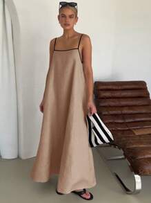 Women's Fashion Contrast Color Cotton And Linen Long Style Suspender Skirt Dress - Brown - View 1