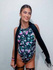 Mushies Sideboob Bodysuit – Blacklight Reactive Festival One-Piece - 黑色 - 查看 8