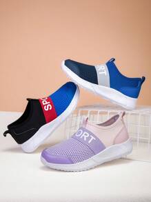 1 双儿童轻便透气网眼一脚蹬运动鞋，适合男孩和女孩，日常休闲跑步 - 粉紅紫色 - 查看 1