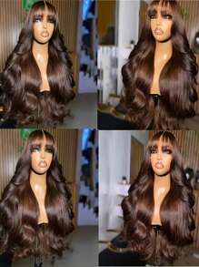 棕色波浪刘海真人发假发，无胶巴西原生发机织无蕾丝真人发假发，适合女士万圣节服装 - S4 - 查看 8