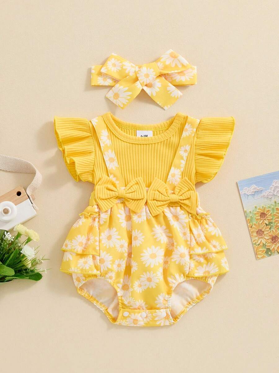Newborn Girl Outfit, Fly Sleeve Flower Print Bow Patchwork Romper With Hairband Summer Clothes - 黃色 - 查看 1