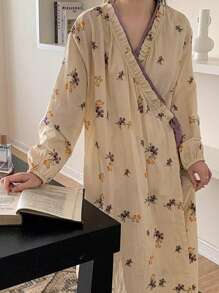 1件女式睡袍，和服风格，欧美简约设计，长袖，紫色，甜美可爱花卉印花，轻盈，纯色睡衣，家居休闲装，宽松，时尚，适合春秋季返校