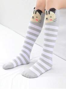 1pc/2pcs Girls Cartoon Animal & Striped Pattern Above Knee Socks, Comfortable & Warm Leg - Multicolor - View 9