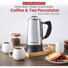 Elite Gourmet EC923 Percolador de café eléctrico, sin BPA, mantiene el calor, perilla de progreso de cerveza transparente, mango de tacto fresco, servicio inalámbrico, 12 tazas, acero inoxidable - Acero Inoxidable - Ver 8