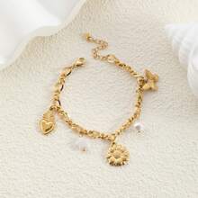 1 件复古不锈钢钥匙扣吊坠，钛钢爱心元素设计手链，时尚百搭情侣礼物 - 珍珠愛心 - 查看 11