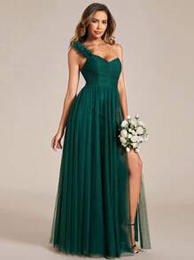 EVERPRETTY 春季单肩贴花开衩大腿网纱深绿色伴娘礼服，优雅婚礼宾客礼服 - 墨綠色 - 查看 4