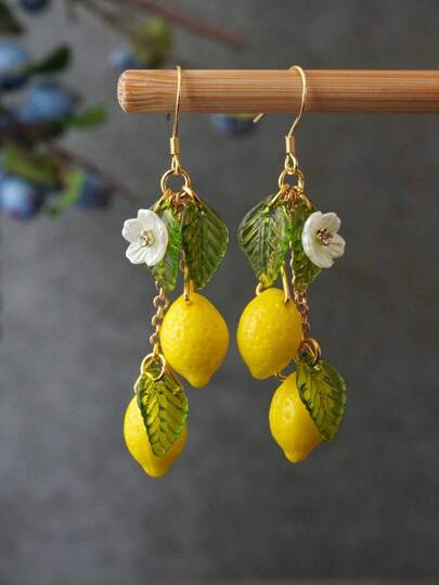 2 Pcs Original Summer Style Sweet Resin Yellow Green Lemons Flowers Dangle Earrings For Women Daily Wear