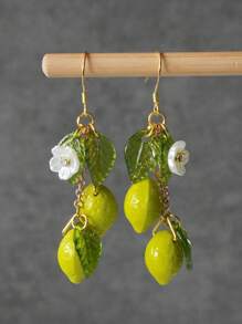 2 Pcs Original Summer Style Sweet Resin Yellow Green Lemons Flowers Dangle Earrings For Women Daily Wear