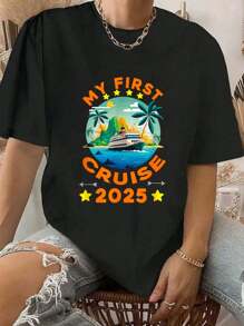 100% Cotton T-Shirt My First Cruise 2025 Vacation Ship Family Travel Vintage T-Shirt Printed O-Neck Casual T Shirt Women's Clothing - 黑色 - 查看 1