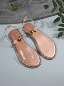 Sandálias Rasteiras Femininas de Verão, Novo Design Sólido, Chique Casual, com Detalhe de Fivela Metálica com Pérolas