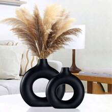 1pc Black Plastic Round Vase Ornaments, Simulation Dried Flower Decorative Vases, Flower Arrangement Art Vases, Simple Living Room Exhibition Hall Decoration, Home Decoration, Vases, Ornaments, Table Decoration.
