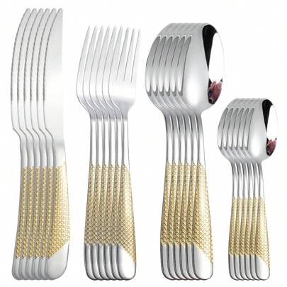 Juego de cubiertos de acero inoxidable pesado de 4/16/24 piezas, incluye cuchillo de filete, tenedor, cuchara, cuchara de té, con acabado mate martillado, elegante vajilla para restaurante, hotel, comedor en casa, filete, hamburguesa, pizza, fiestas, campamento, útiles escolares