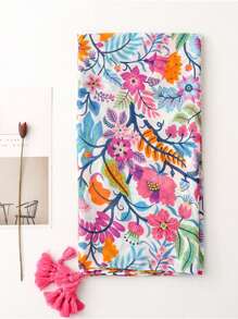 1 件女士时尚花卉图案优雅流苏针织围巾/披肩，适合海滩、旅行、派对