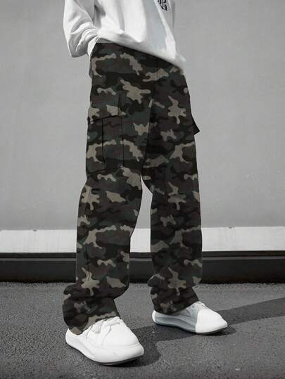 1pc Teen Boy Casual Workwear Loose Fit Multi-Pocket Camouflage Straight Leg Pants, Suitable For Spring, Summer, Autumn, Winter