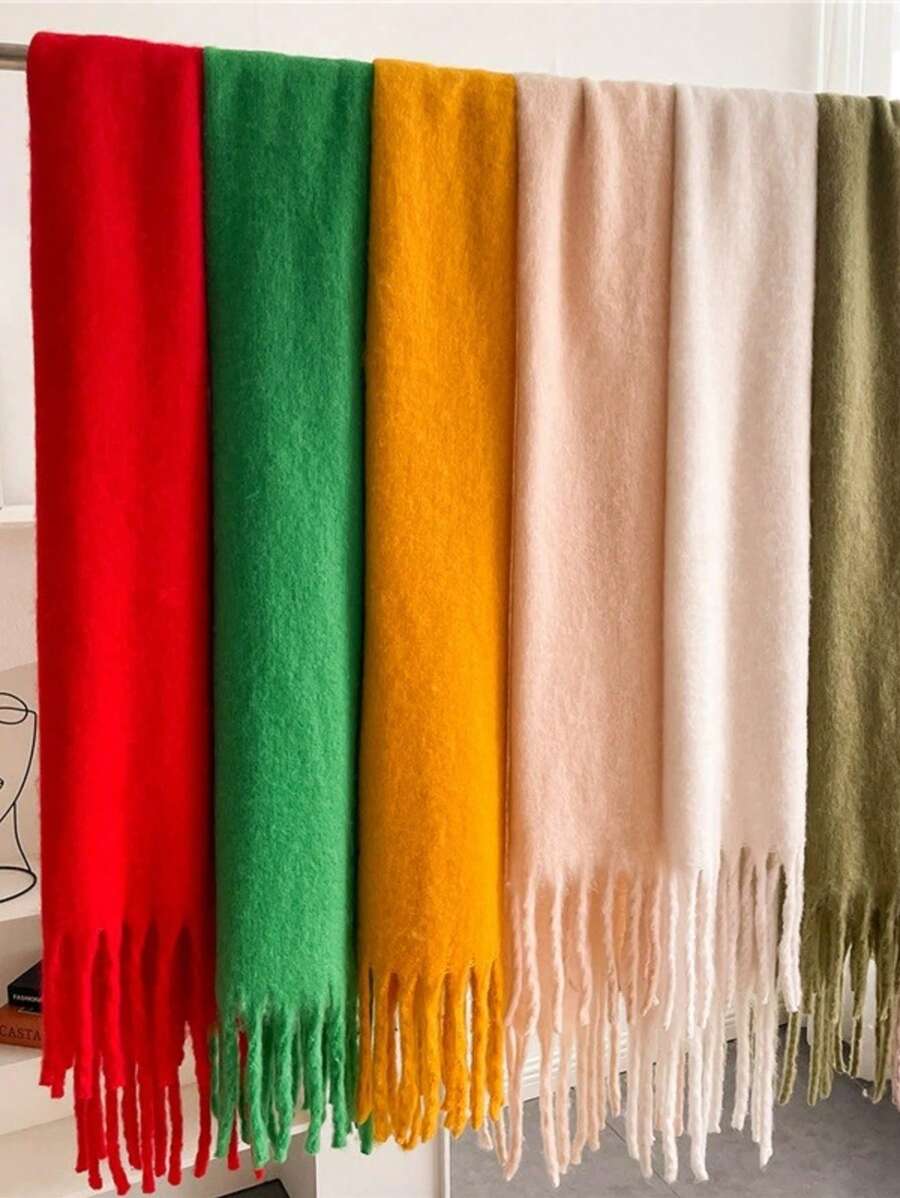 1pc Women Multicolor Extra Long Faux Cashmere Solid Color Scarf With Tassels, Warm For Autumn/Winter Outings, Traveling, And Shopping - Beige - View 1