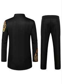 复古风格男士两件套休闲西装套装，金箔复古印花，时尚