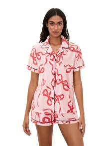Women Pajamas Set 2 Pieces Loungewear Suits Bow Print Short Sleeve Tops And Shorts 2 Piece Loungewear Outfits