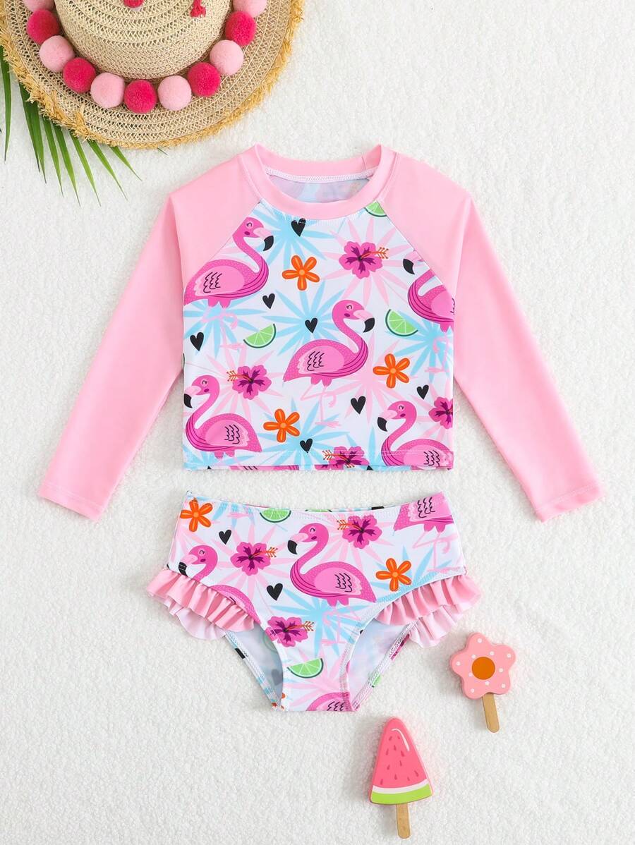 Young Girls Long Sleeve Two Pieces Swimwear - Top And Bottom - Purple - View 1