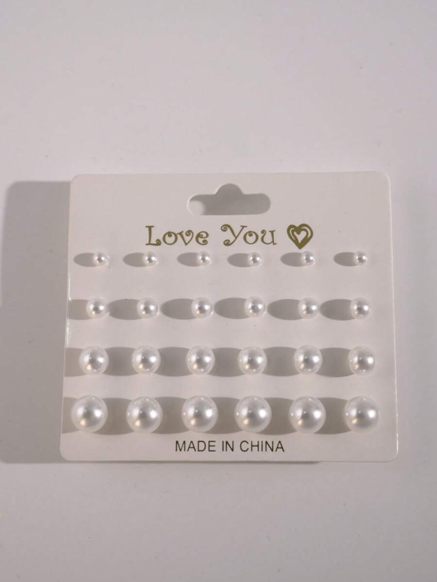 12 对时尚简约热销仿珍珠耳钉套装，适合女性 - 白色 - 查看 1