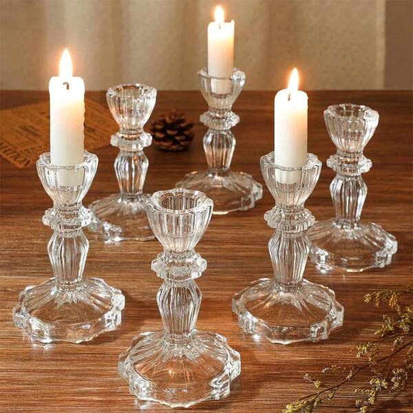 Elegant 2/6 Pieces Glass Candlestick Set With Tapered Design-Chic Decor For Weddings, Festivals And Homes, Transparent