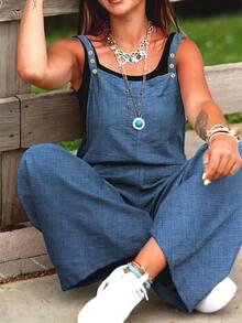 Women's European & American Style Sleeveless Button Pocket Jumpsuit