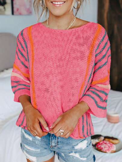 Damen leichter gestrickter Pullover mit gestreiftem Detail und weiten Ärmeln