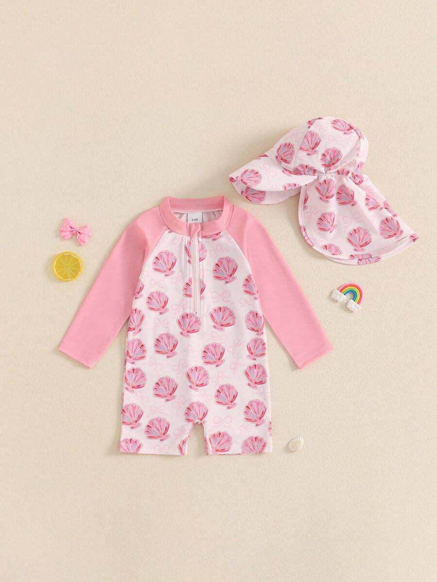 Toddler Girl Rash Guard Swimsuit With Hat 2 Pcs Set Shell Pattern Zip Up Long Sleeve Crew Neck Baby Girl Swimwears - Pink - View 1