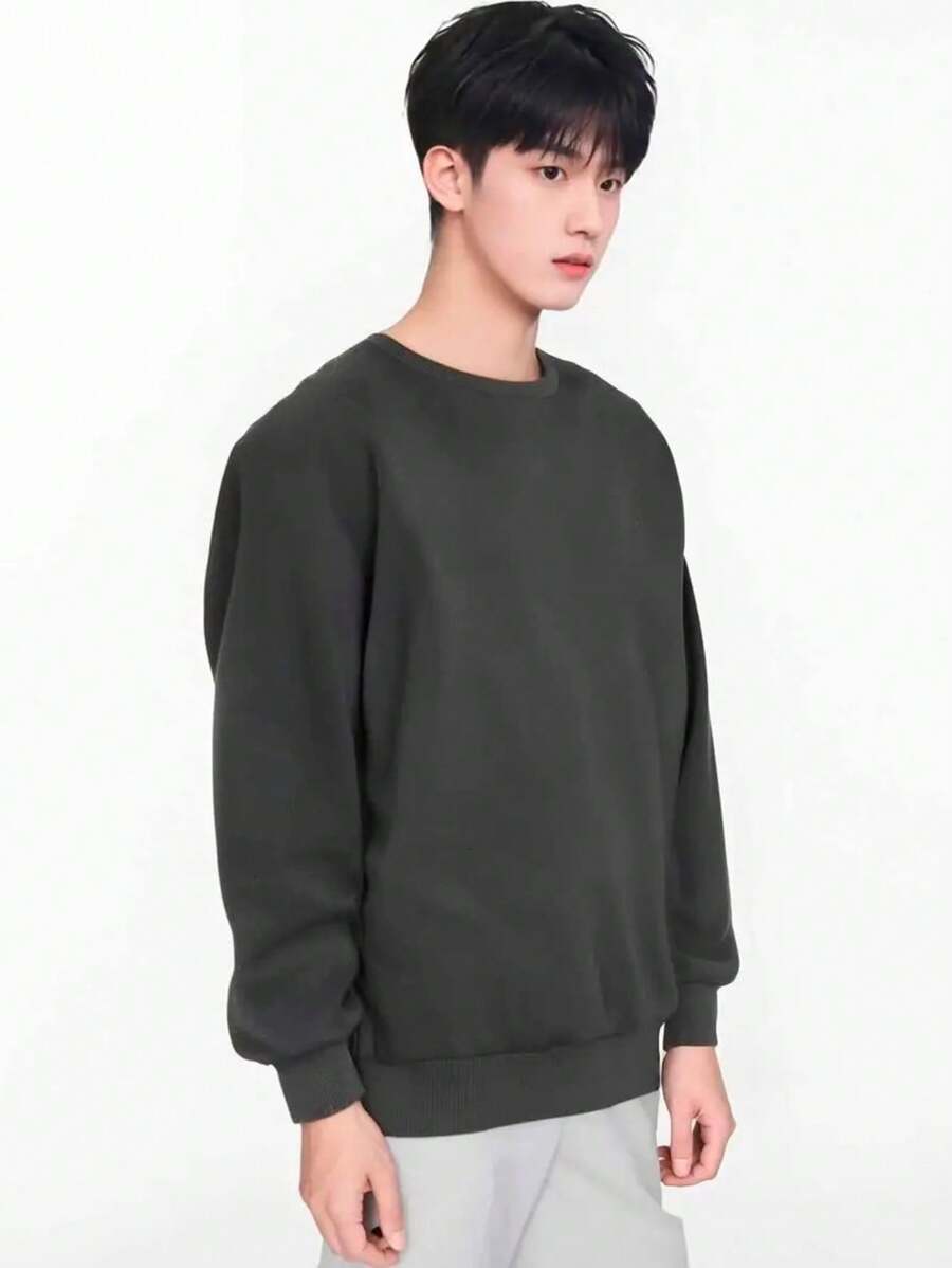 Unisex Crew Neck Sweatshirt Basic Cold Weather Top Plain Flannel Coat Cotton And Polyester Promotion - Dark Grey - View 1