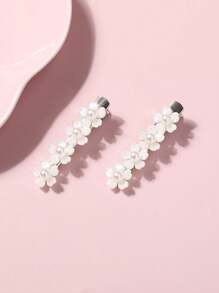 2pcs Girls Faux Pearl & Flower Decor Hair Clip - White - View 5