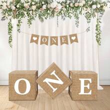 1 Pc Neutral Burlap Print ONE Boxes For 1st First Birthday Decorations, Large 3Pcs Rustic Boho ONE Sign Boxes With Letters Banner