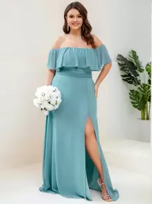EVERPRETTY Vestido de dama de honor formal con hombros descubiertos y abertura en el muslo, talla grande - Azul Cadete - Ver 1
