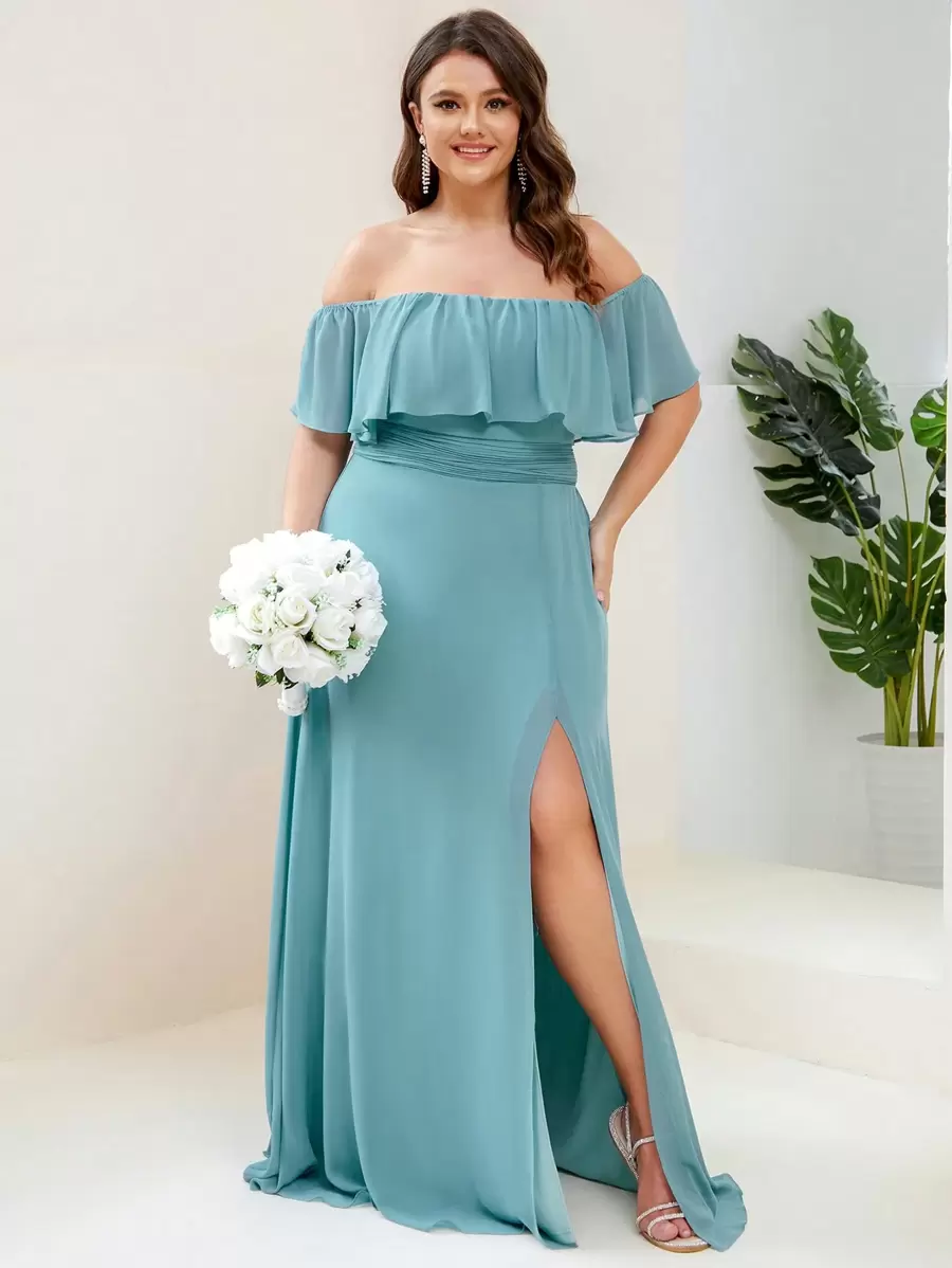 EVERPRETTY Vestido de dama de honor formal con hombros descubiertos y abertura en el muslo, talla grande - Azul Cadete - Ver 1