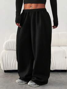 Plus Size Women's Casual Loose Solid Color Elastic Waistband Pocket Sweatpants - 黑色 - 查看 3