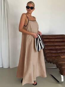 Women's Fashion Contrast Color Cotton And Linen Long Style Suspender Skirt Dress - Brown - View 6