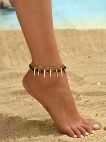 1 Pc Bohemian Style Metal Geometric Beaded Pendant Anklet, Versatile Summer Beach Wear Accessory