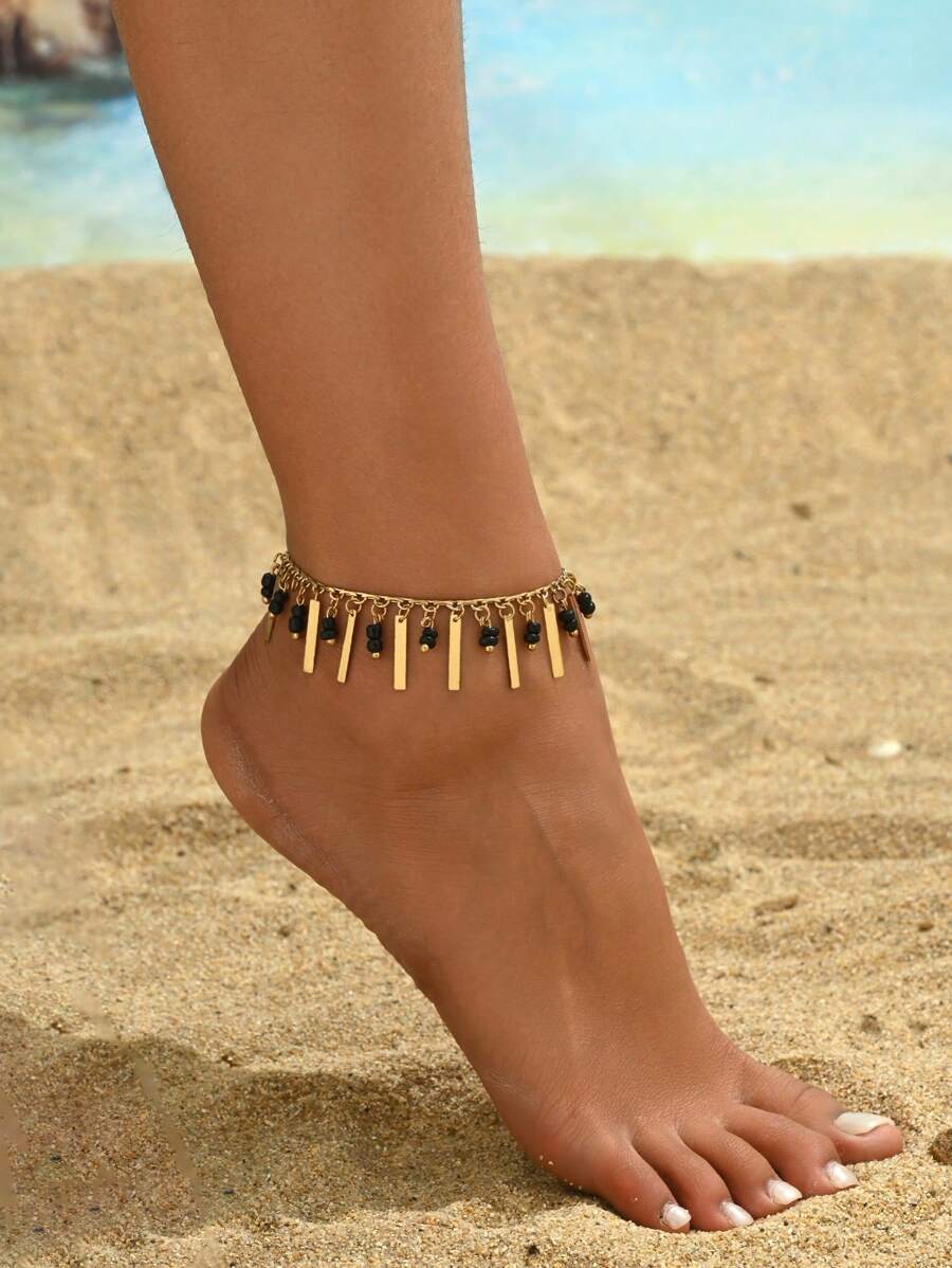 1 Pc Bohemian Style Metal Geometric Beaded Pendant Anklet, Versatile Summer Beach Wear Accessory