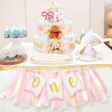 粉色蝴蝶结/草莓/牛仔 1 岁生日装饰 1 岁生日派对帽 1 岁生日高脚椅横幅 1 岁生日蛋糕装饰 1 岁生日装饰 用于照片道具的派对装饰