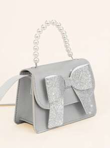 1 件女孩可爱迷你双面料蝴蝶结手提包和单肩包，适合日常服装搭配 - 銀色 - 查看 5