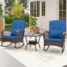 3 Pieces Rocking Bistro Set PE Rattan Rocking Chairs W/ 2-Tier Coffee Table Navy - Navy - View 2