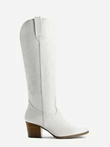 Embroidered Western Boots For Women Comfortable Chunky Heel Pull On Zipper Pointed Toe Knee High Boots Vintage Cowgirl Cowboy Ridding Vacation Boots - White - View 6