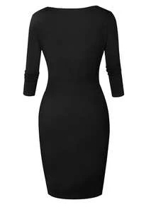 ChicMe 女式方领紧身中长连衣裙半袖前拉链开衩修身鸡尾酒会俱乐部晚会性感优雅服装