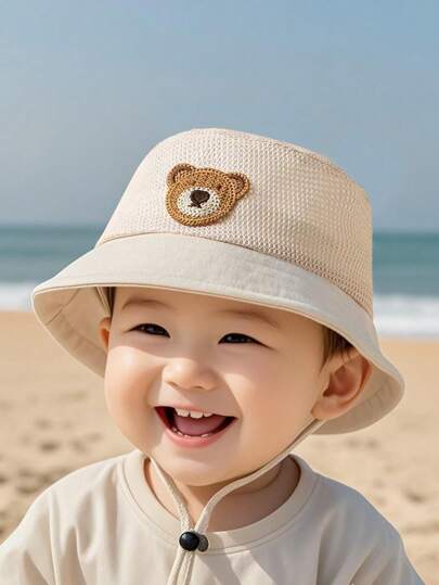 1顶纯色小熊渔夫帽，男女童通用，可爱时尚，适合日常、派对、春夏等各种场合。