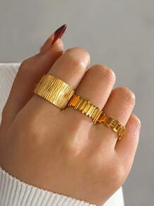 1 件/3 件不锈钢金色几何不对称垂直条纹戒指，复古时尚百搭设计，适合女性日常、派对、节日穿着、送礼、旅行和摄影 - 彩色 - 查看 3