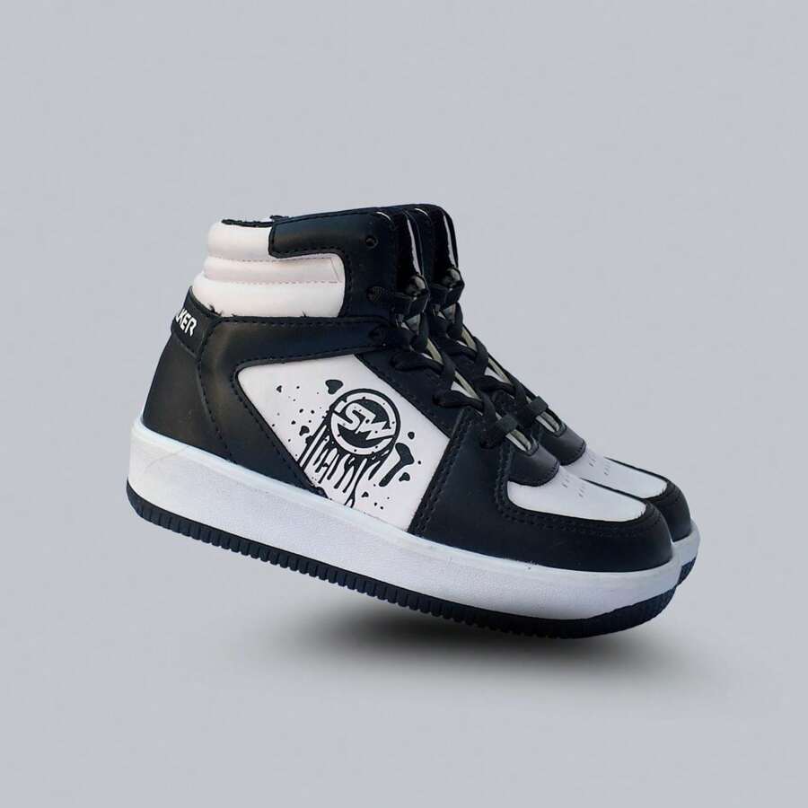 Tenis deportivos blancos con detalles rojos para niño, diseño de moda con estampado lateral, ideales para actividades al aire libre, correr y entrenar, calzado cómodo y estilizado para un look moderno y versátil - Blanco y Negro - Ver 1